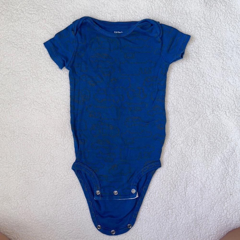 Blue with grey trucks 12m onesie
